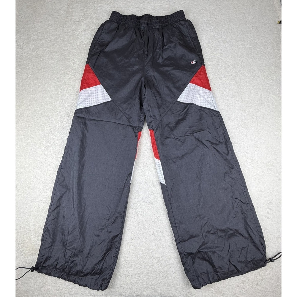 Champion Life Women's Warm Up Pants Blk/Red/Wht Colorblock Crinkled Nylon Mesh M